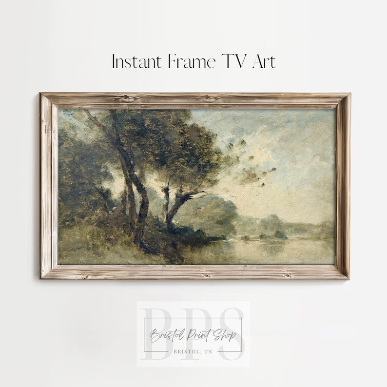 Samsung Frame TV Art Vintage Lake Art With Trees Green Tones Digital