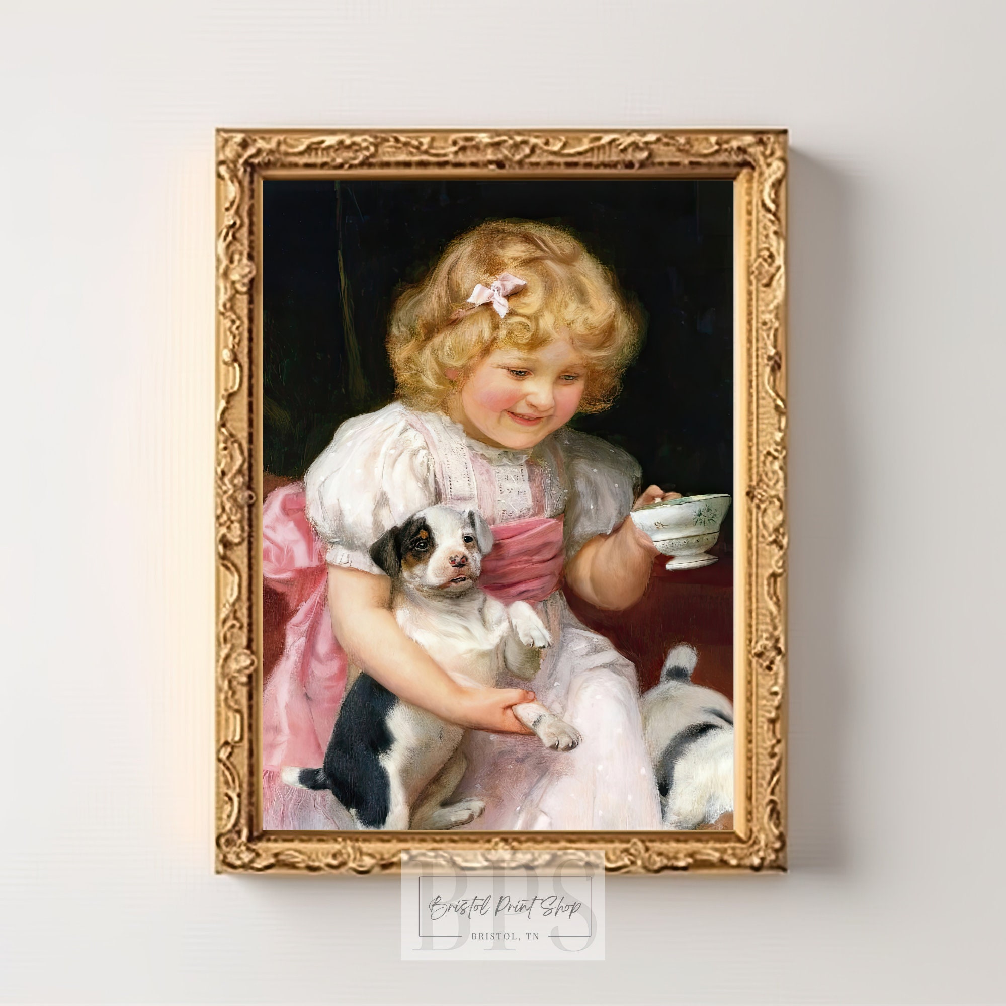 Vintage Girl and Dog Painting | Charming Girl Holding Puppy
