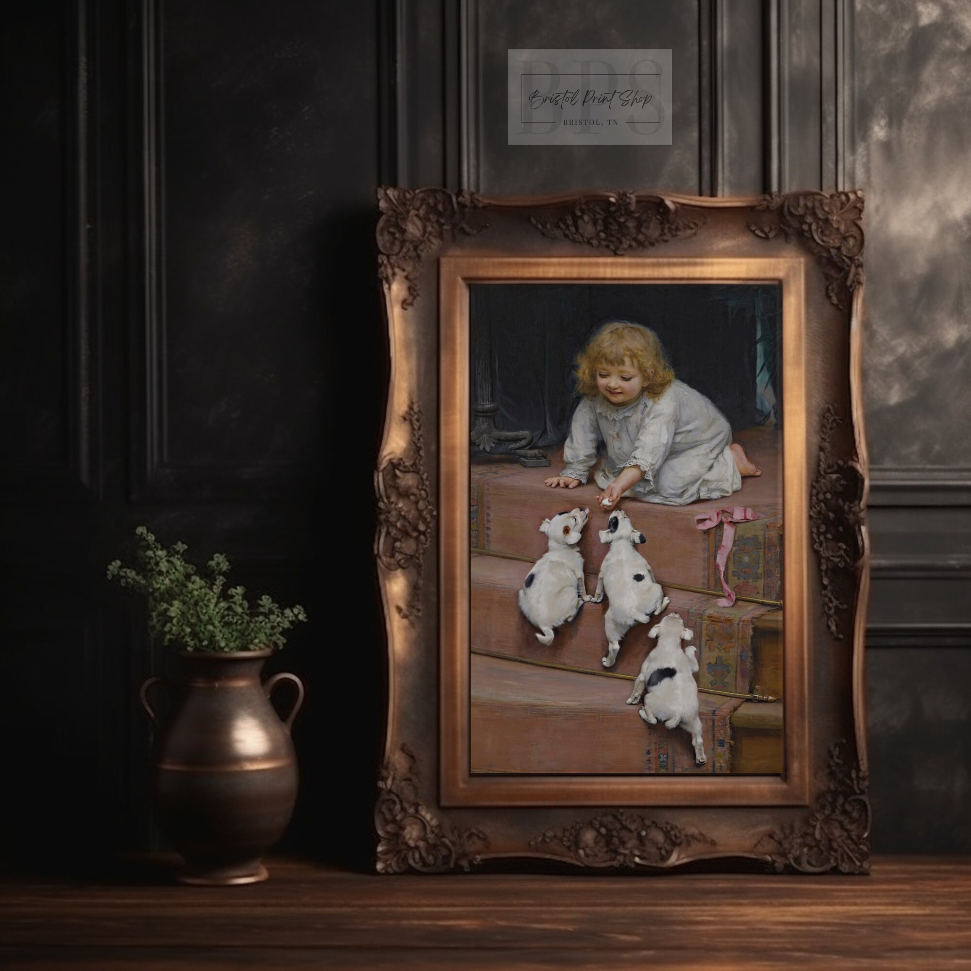 Vintage Girl and Dog Painting | Digital Download Art | Girl