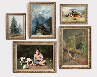 Vintage vivero galería de arte pared / conjunto de decoración del hogar del bosque / impresiones de la habitación del niño / niño y perro / arte de montaña / arte del pino / arte rústico