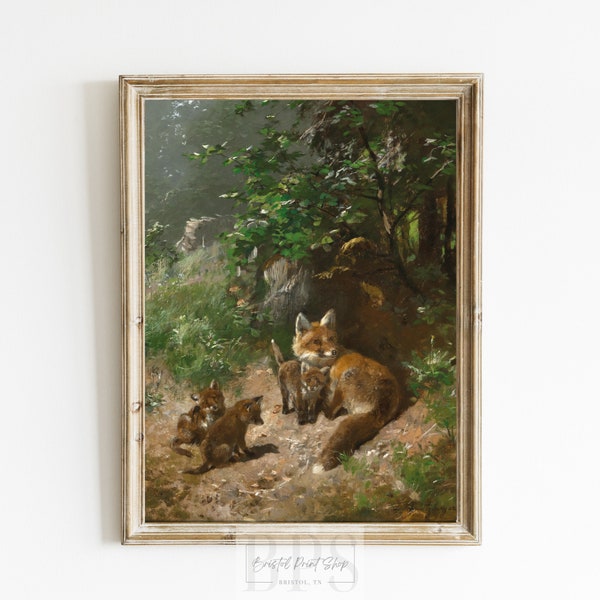 Vintage 1900 Fox | Antique Wall Art | Early 20th Century Painting |  Forest Pups | Woodland Baby Animal Art | Nursery Wall Print
