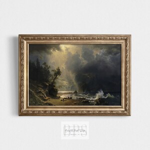 Peut inclure: Une peinture encadrée représentant un paysage maritime dramatique avec un ciel orageux, une côte rocheuse et un groupe de personnes dans des bateaux. La peinture est dans un cadre doré.