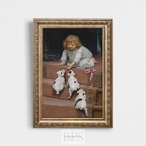 Vintage Girl and Dog Painting | Digital Download Art | Girl Playing With Puppies | Nursery Decor |  Adorable Gift Idea
