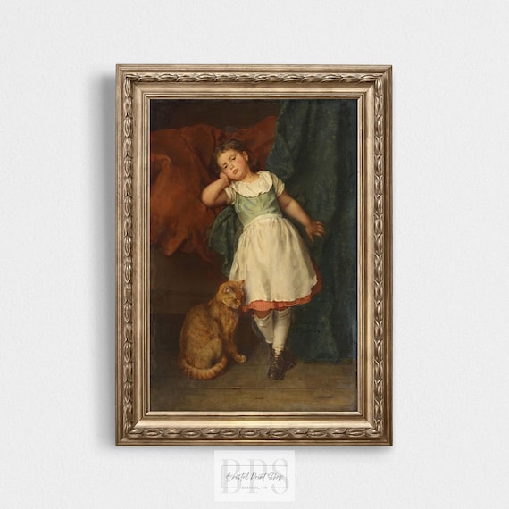 Vintage Cat Art | Pouty Girl with Orange Tabby | Unique Home Decor | Ideal Gift For Cat Lovers |  Nursery Decor | Digital Download