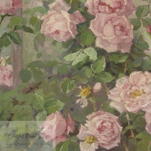 Puede incluir: Una pintura de un grupo de rosas rosadas con hojas verdes. Las rosas est&aacute;n en plena floraci&oacute;n y tienen un aspecto suave y delicado. La pintura est&aacute; realizada en un estilo realista y captura la belleza de las flores.