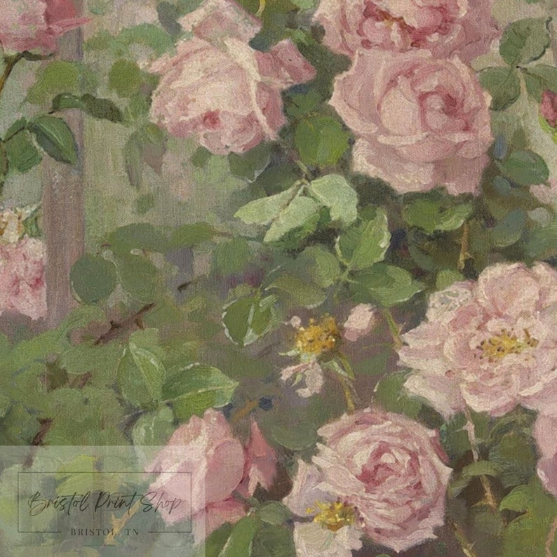 Puede incluir: Una pintura de un grupo de rosas rosadas con hojas verdes. Las rosas est&aacute;n en plena floraci&oacute;n y tienen un aspecto suave y delicado. La pintura est&aacute; realizada en un estilo realista y captura la belleza de las flores.