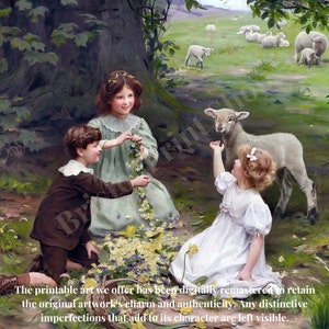 May include: Three children in a field with a lamb. The children are wearing colourful clothing and are surrounded by flowers. The lamb is white and has a black nose. The background is a green field with trees in the distance.
