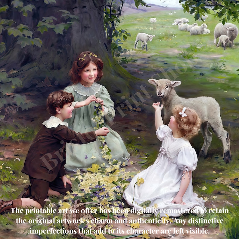 May include: Three children in a field with a lamb. The children are wearing colourful clothing and are surrounded by flowers. The lamb is white and has a black nose. The background is a green field with trees in the distance.