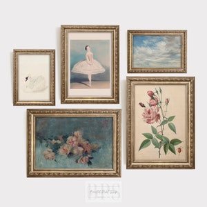 Vintage Nursery Gallery Wall | Set Of 5 | Ballerina Art | Swan Print | Antique Pink Rose Illustration | Pastel Clouds Print | Girls Room Art