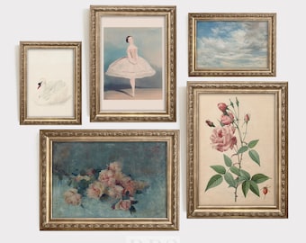 Vintage Nursery Gallery Wall | Set Of 5 | Ballerina Art | Swan Print | Antique Pink Rose Illustration | Pastel Clouds Print | Girls Room Art