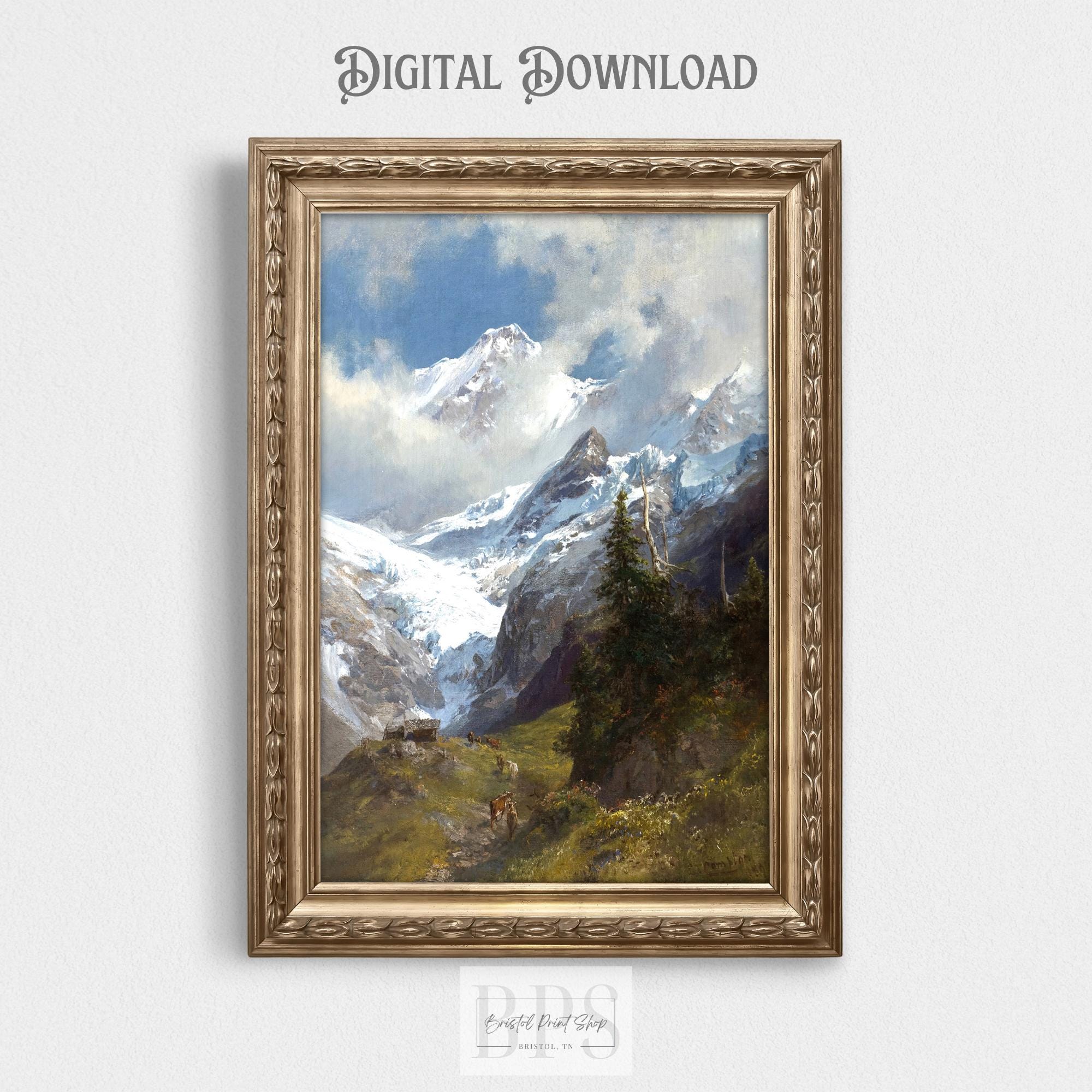 Vintage Winter Mountain Print | Snowy Mountain Painting | Antique