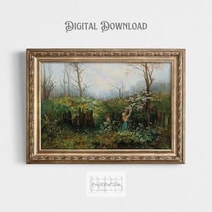 Vintage Mädchen Kunst fürs Kinderzimmer | Mädchen im Waldgarten griff nach Blumen | Digitaler Download | Blumen Geschenk