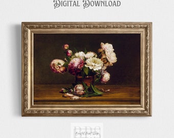 Arte de peônia vintage | Lindo vaso de peônias brancas rosa roxas | Natureza morta | Decoração floral para casa | Download digital