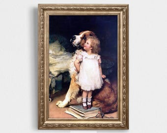 Vintage Girl and Dog Painting | Digital Download Art | Girl Measuring Height Against Dog | Nursery Decor |  Adorable Gift Idea
