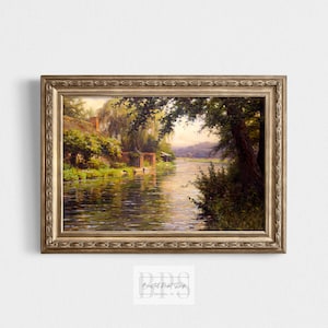 Vintage Summer Morning River | Riverside Cabin | Colorful River Print | Antique Wall Art | Early 19th Century Painting | Instant Download