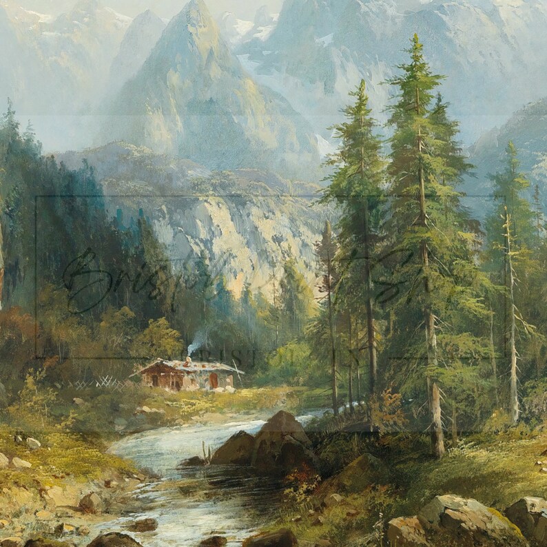 Pu&ograve; includere: Un dipinto di paesaggio raffigura una catena montuosa con cime innevate. Un fiume scorre attraverso una valle con una piccola baita e alberi sempreverdi. L'opera d'arte utilizza una tavolozza di colori tenui con un'illuminazione soffusa.