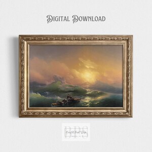 Vintage Ocean Print | Sunrise Shipwreck | Beach house Wall Decor |  Moody Sea Print | Rolling Sunset Sea | Digital Download