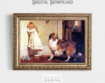 Vintage Girl In Time Out | Antique Wall Print | 19th Century Painting | Collie Dog Print | Girls Room Art | Nursery Decor | Digital Download