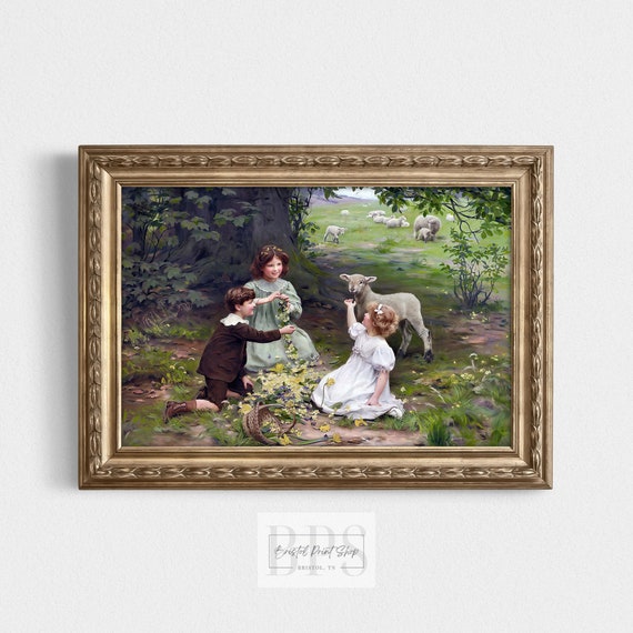 Vintage Childrens Art Print | Spring Meadow with Sheep | Digital Download Painting | Kids Room Decor | Nursery Wall Art | Unique Gift