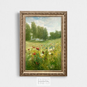 May include: A framed painting of a field of wildflowers with a forest in the background. The flowers are in shades of red, pink, yellow, and white. There are butterflies flying over the flowers.
