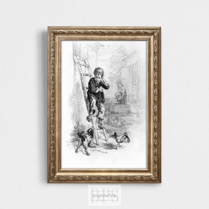 Vintage Boy and Dog Art | Charming Black and White Illustration | Digital Download for Home Decor | Ideal Gift