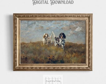 May include: A vintage painting of two dogs in a field. The dogs are a black and white pointer and a brown and white pointer. The painting is framed in a gold frame.