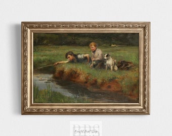 Vintage Boys Fishing With Dog | Antique Nursery Wall Art | 19th Century Creek Painting | Vintage Home Decor | Summer Fun Print