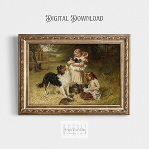 Vintage Girl and Dog Art | Sweet Moment with Kittens | Charming Childhood Scene Print | Perfect Gift for Pet Lovers | Digital Download image 1