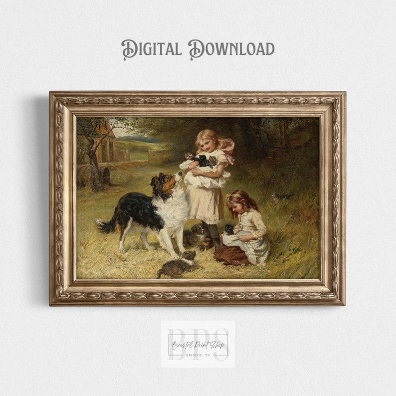 Vintage Girl and Dog Art | Sweet Moment with Kittens | Charming Childhood Scene Print | Perfect Gift for Pet Lovers | Digital Download image 1