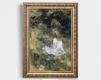 Vintage Girl Print | Classic Painting of Girl Picking Flowers | Wall Art for Home Decor | Digital Download Gift