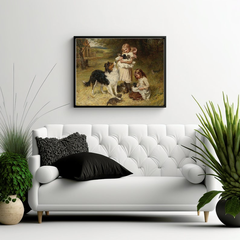 Vintage Girl and Dog Art | Sweet Moment with Kittens | Charming Childhood Scene Print | Perfect Gift for Pet Lovers | Digital Download image 7