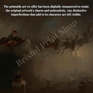 K&ouml;nnte beinhalten: Eine Vintage-Illustration von Weihnachtsmann, der in einem Schlitten fliegt, der von Rentieren &uuml;ber eine Skyline gezogen wird. Das Bild ist in einer dunklen, ged&auml;mpften Farbpalette mit einem Vintage-Look.