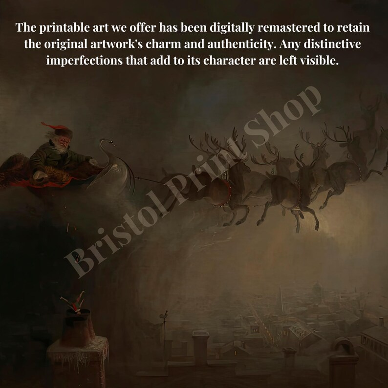K&ouml;nnte beinhalten: Eine Vintage-Illustration von Weihnachtsmann, der in einem Schlitten fliegt, der von Rentieren &uuml;ber eine Skyline gezogen wird. Das Bild ist in einer dunklen, ged&auml;mpften Farbpalette mit einem Vintage-Look.