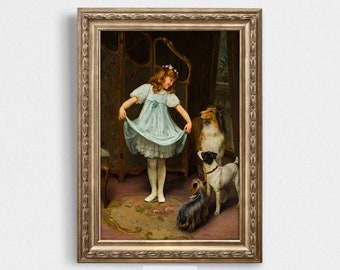 Vintage Girl Portrait | Antique Wall Print | Yorkie Dog Art | Collie Dog Print | Girls Room Art | Nursery Decor | Best Friends