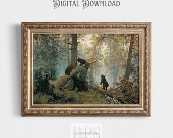 Vintage 1889 Björnar som leker i skogen | Färgglad skogstryck | Antik väggkonst | 1800-talsmålning | Digital omedelbar nedladdning