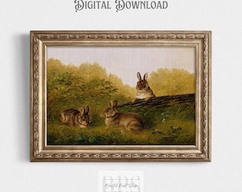 Vintage 1897 Rabbit Family | Woodland Animal Print | Antique Bunny Wall Art | 19th Century Hare Painting | Forest Print | Nursery Wall Art