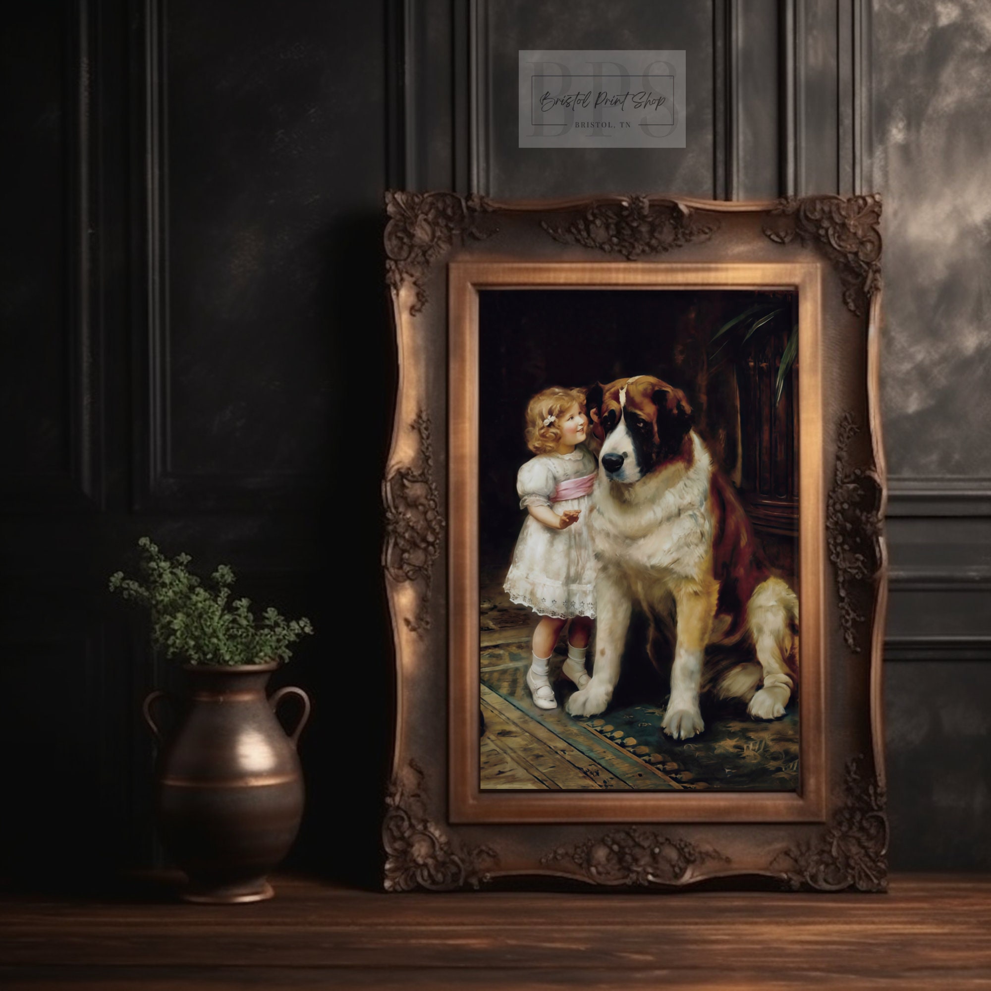 antique picture ❀* 女の子とワンちゃんのいる 版画プリント