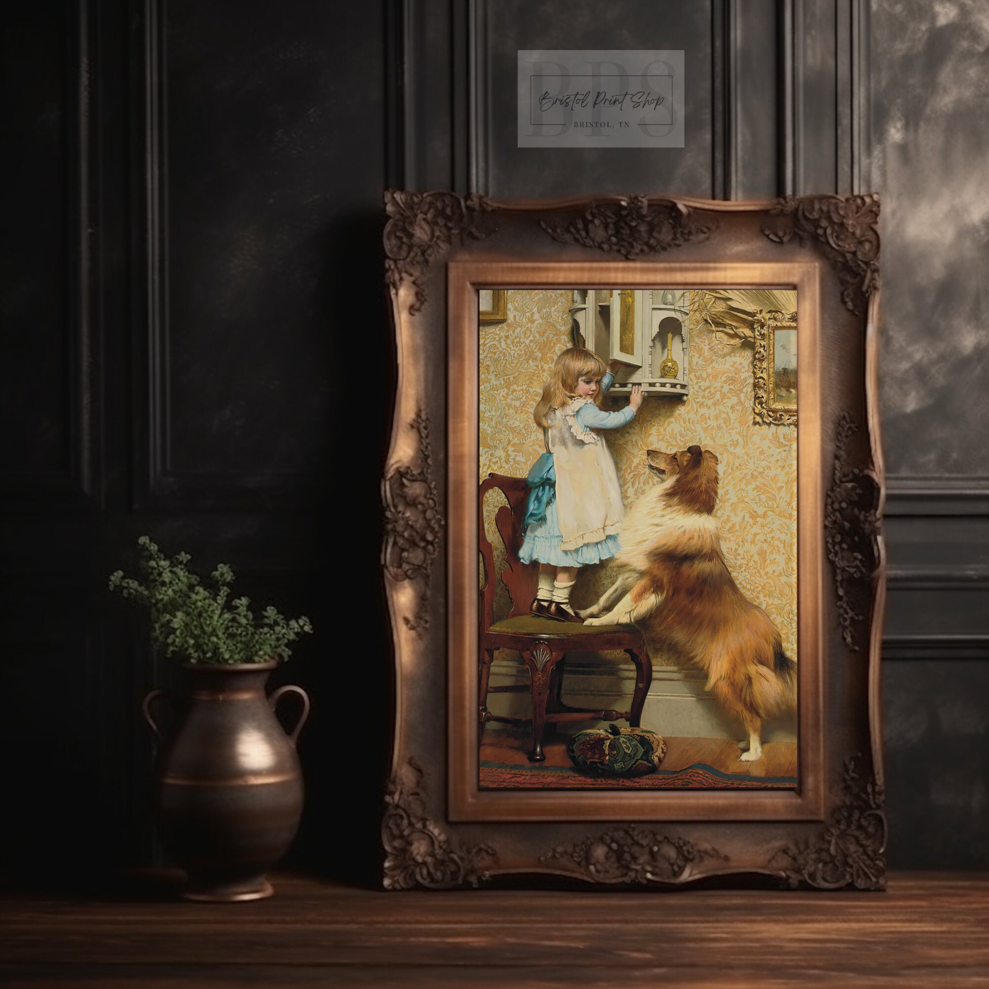 Vintage Girl and Dog Art | Blonde Girl and Collie | Home Wall Art