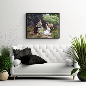 May include: A painting depicting three children in a field with a lamb. The children are dressed in Victorian-era clothing. The girl on the right is feeding the lamb while the other two children observe. The painting is set in a verdant field with trees in the background.