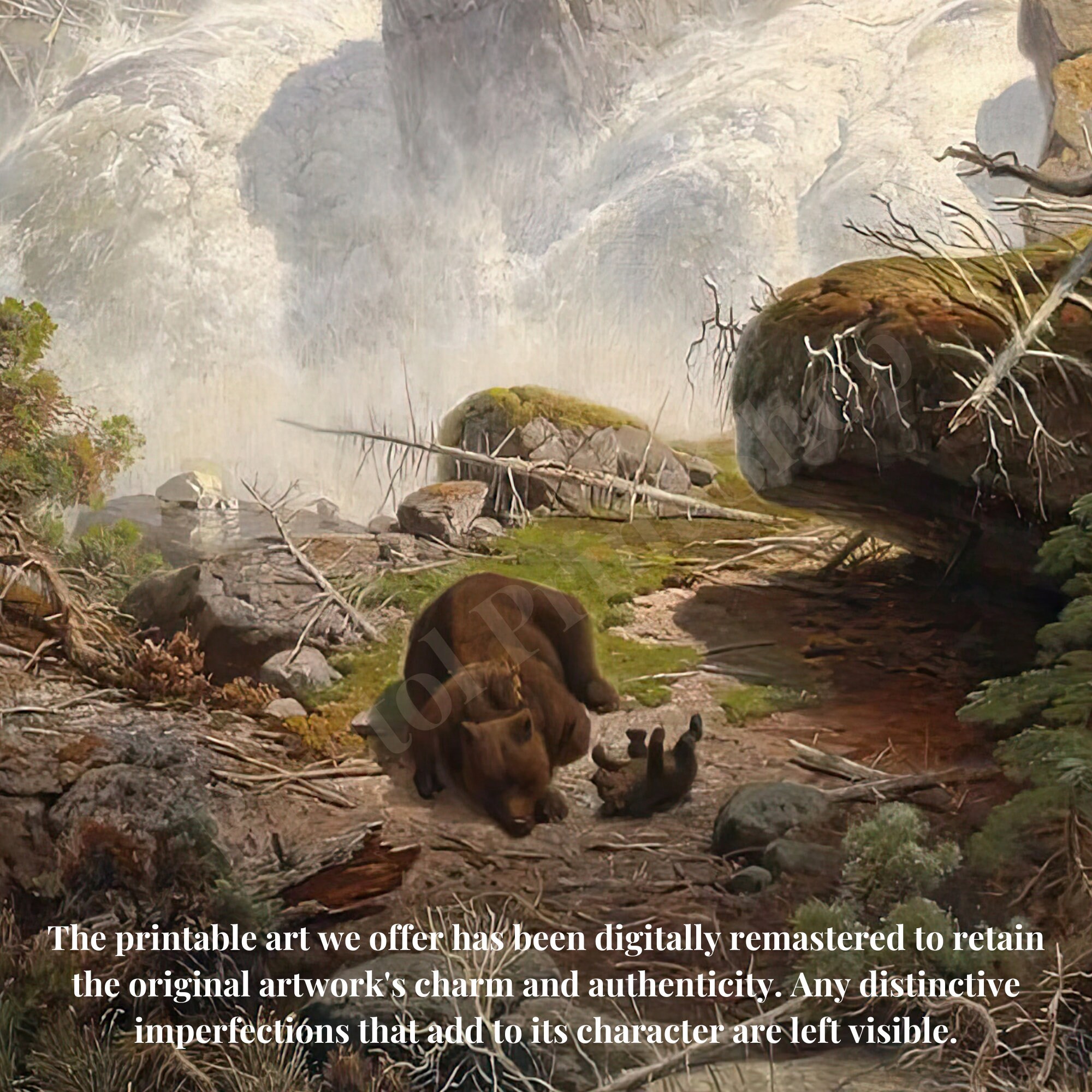 Vintage 1859 Bears Mama Bear & Cubs | Playing by Waterfall