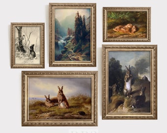 Vintage Nursery Art | Gallery Wall Set 5 | Boy&#39;s Room Art | Woodland Rabbit Prints | Antique Painting | Girls 19th Century Art | Forest Hare