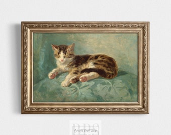 Vintage 1800s Cat Asleep On Pillow | Colorful Kitten Print | Antique Wall Art | 19th Century Painting | Cat Nap