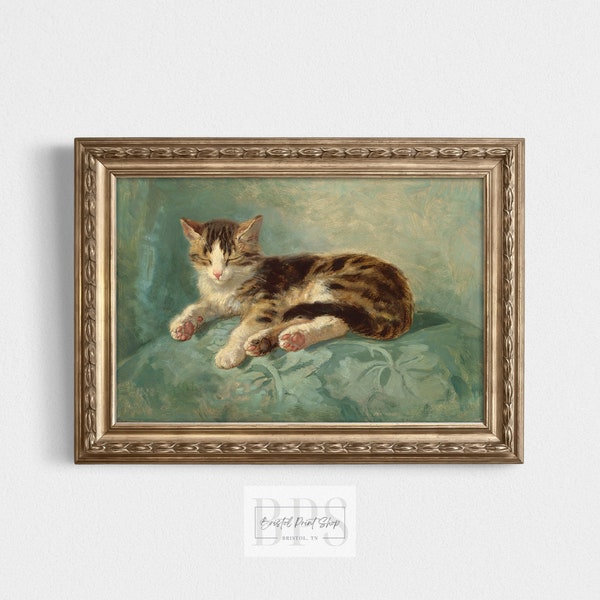 Vintage 1800s Cat Asleep On Pillow | Colorful Kitten Print | Antique Wall Art | 19th Century Painting | Cat Nap