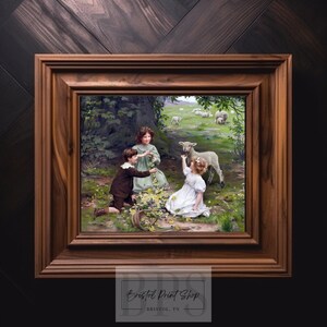 May include: A painting depicting three children in a woodland scene. Two girls and a boy are interacting with a white lamb. The children are dressed in clothing from the early 1900s. The painting is framed in a dark wood frame.