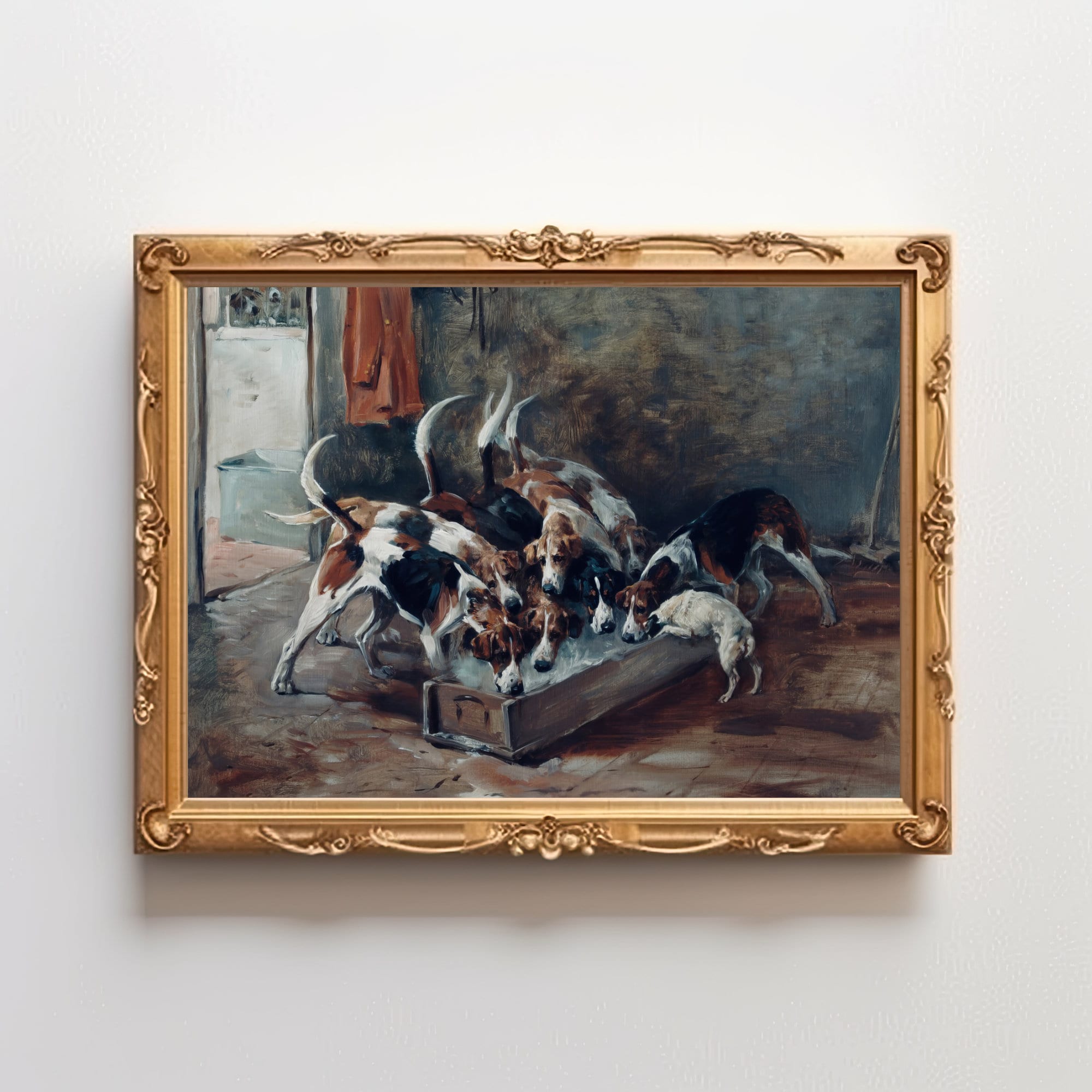 Vintage Hunting Dog Art | Seven Foxhounds Enjoying Their Meal
