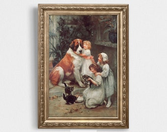 * antique picture ❀* 女の子とワンちゃんのいる 版画プリント Antique Portrait Woman Reading With Dog by Her Side