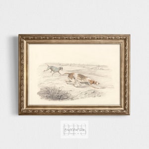 Puede incluir: Una ilustraci&oacute;n vintage de dos perros corriendo por un campo. Los perros son un galgo y un pointer. La ilustraci&oacute;n est&aacute; en blanco y negro y tiene un tono sepia. La ilustraci&oacute;n est&aacute; enmarcada en un marco dorado.