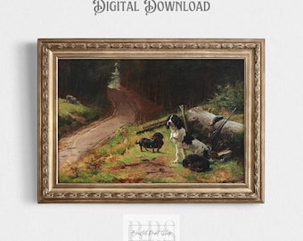 May include: A vintage oil painting in a gold frame depicts three dogs in a forest setting. The dogs are a black and white pointer, a black and tan dachshund, and a smaller black and white dog. The dogs are standing on a dirt path in the woods. The painting is in a rustic style and has a warm, inviting feel.