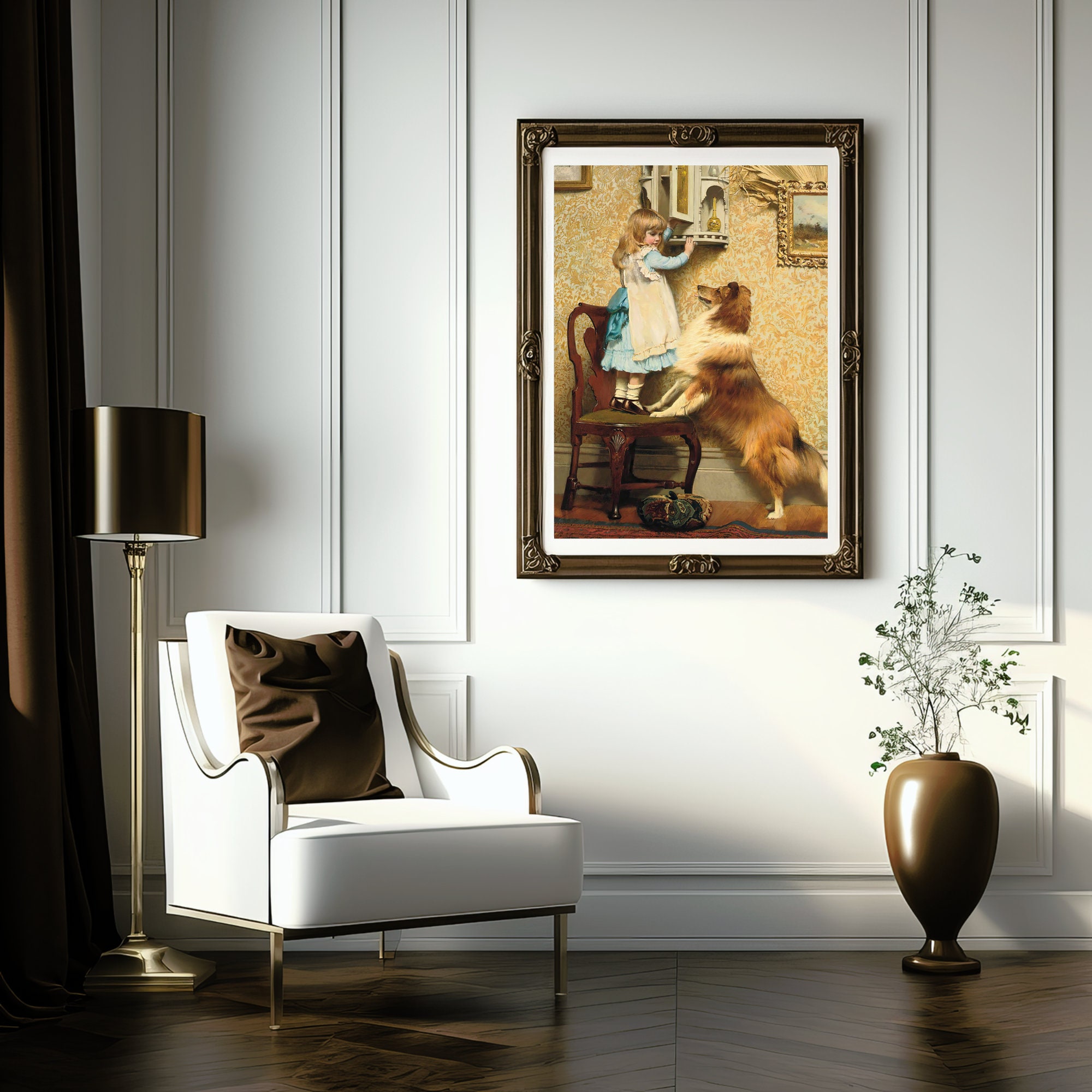 Vintage Girl and Dog Art | Blonde Girl and Collie | Home Wall Art