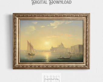 Vintage Italian Art | The Canal View With Boat | 19th Century Antique Wall Art | Home Decor | Scenic Italy Sunset Print | Digital Download
